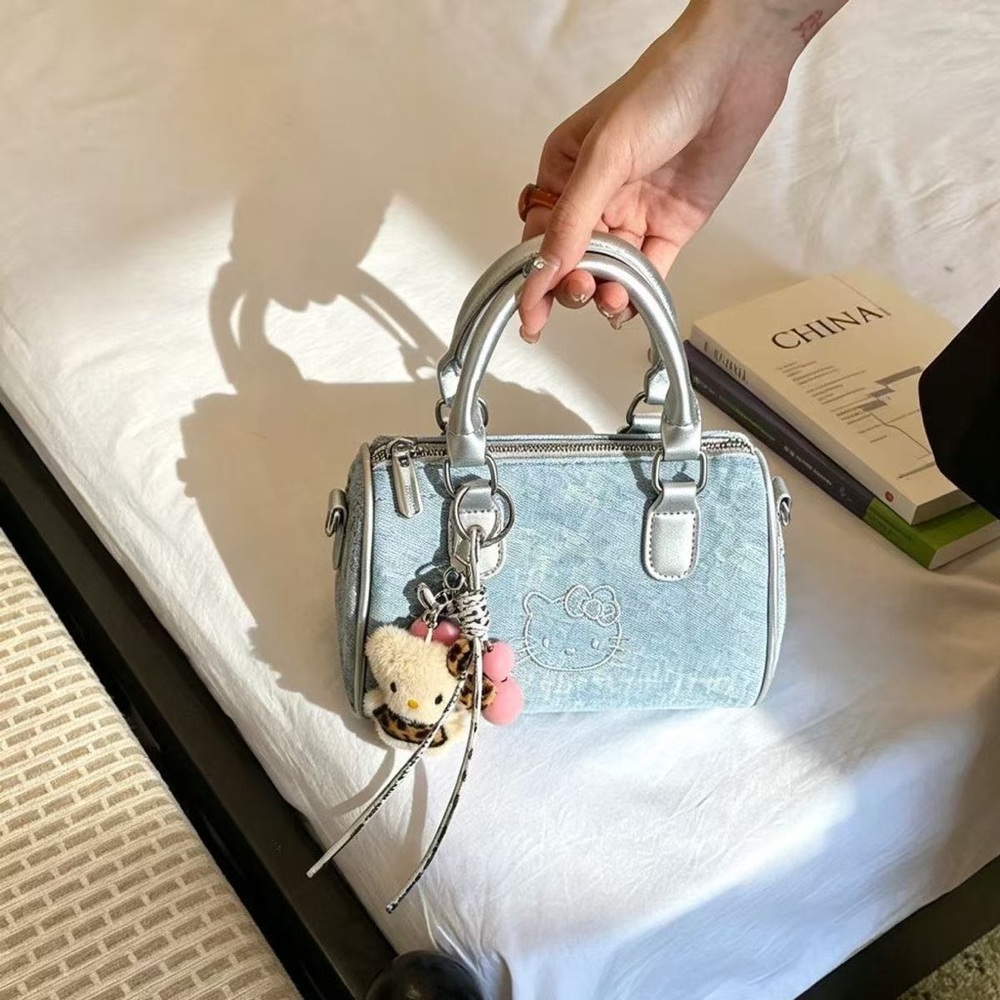 Hello Kitty Light Blue Denim Barrel Bag with Silver Trim